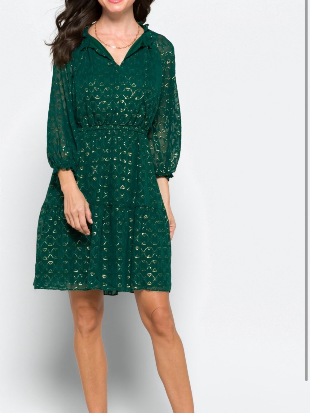 Maggy London Teal Green Metallic Dot Long Sleeve Dress